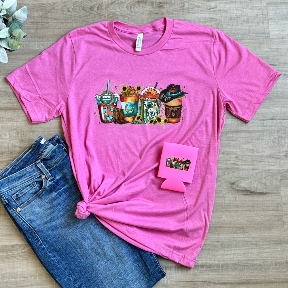 Charity Pink Tri-blend Tee & Can Cooler Western Coffee Design